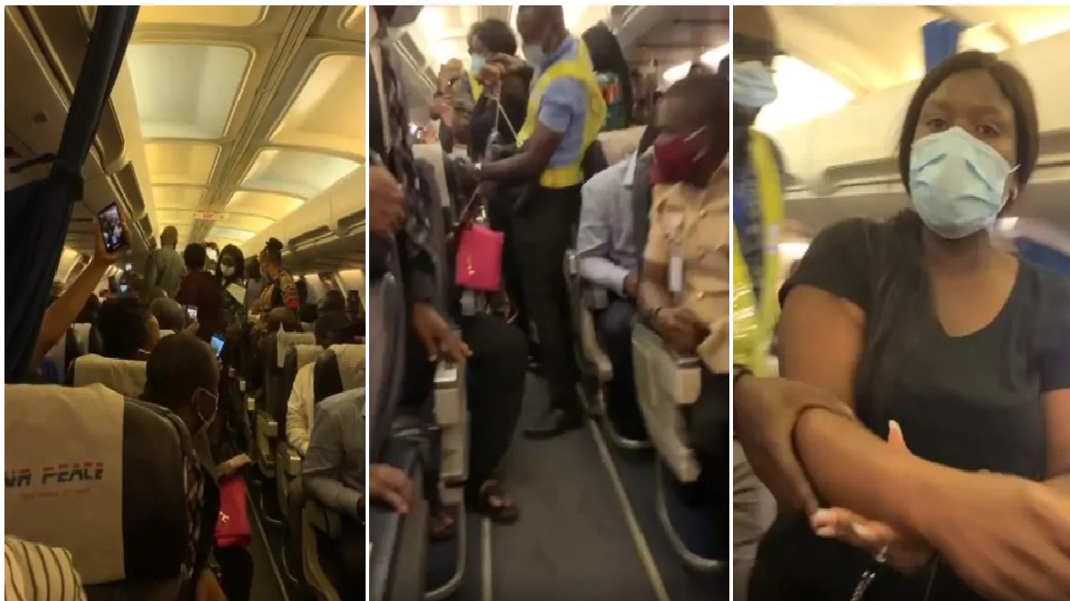 A lady gave some passengers a bit of a show on a Nigerian flight after the plane was stopped because she didn't want her expensive bag on the floor or overhead