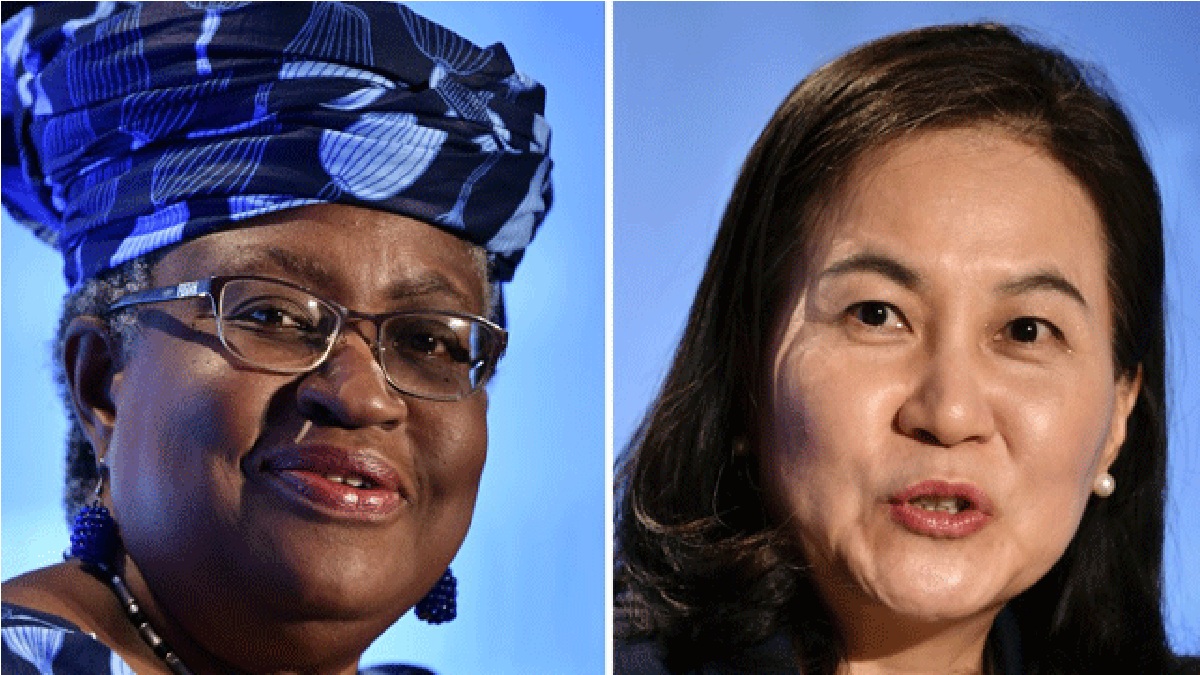 A photo combination of Nigeria’s Dr Ngozi Okonjo-Iweala (R) and South Korean Trade Minister, Yoo Myung-hee (L). PHOTO: Fabrice COFFRINI / AFP