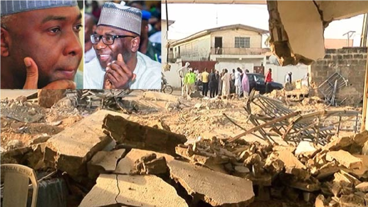 File photo of the demolition of Saraki’s residence in Kwara. Inset: Bukola Saraki and Governor Abdulrahman Abdulrasaq.