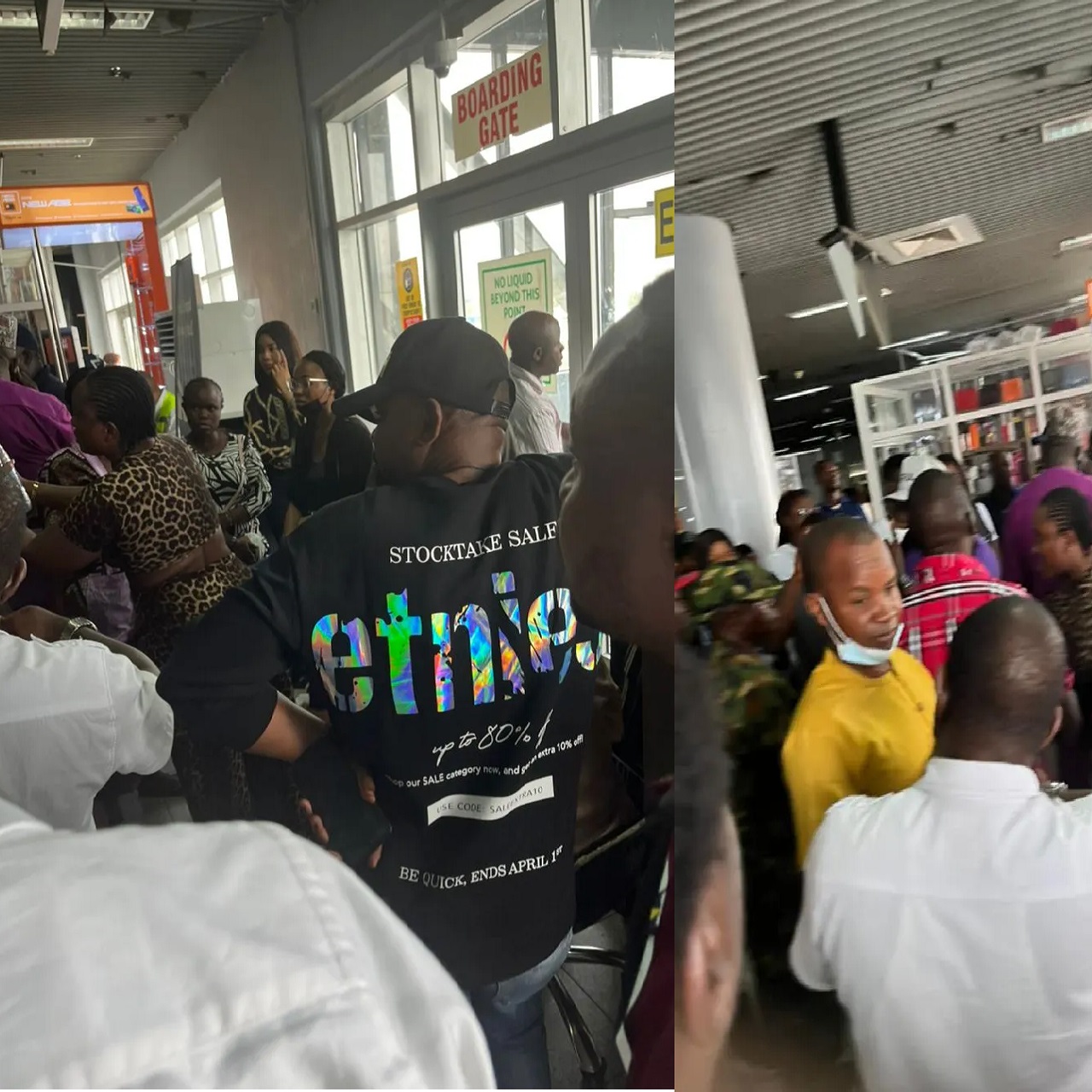 Passengers blocking the boarding gate of Nnamdi Azikiwe International Airport in Abuja