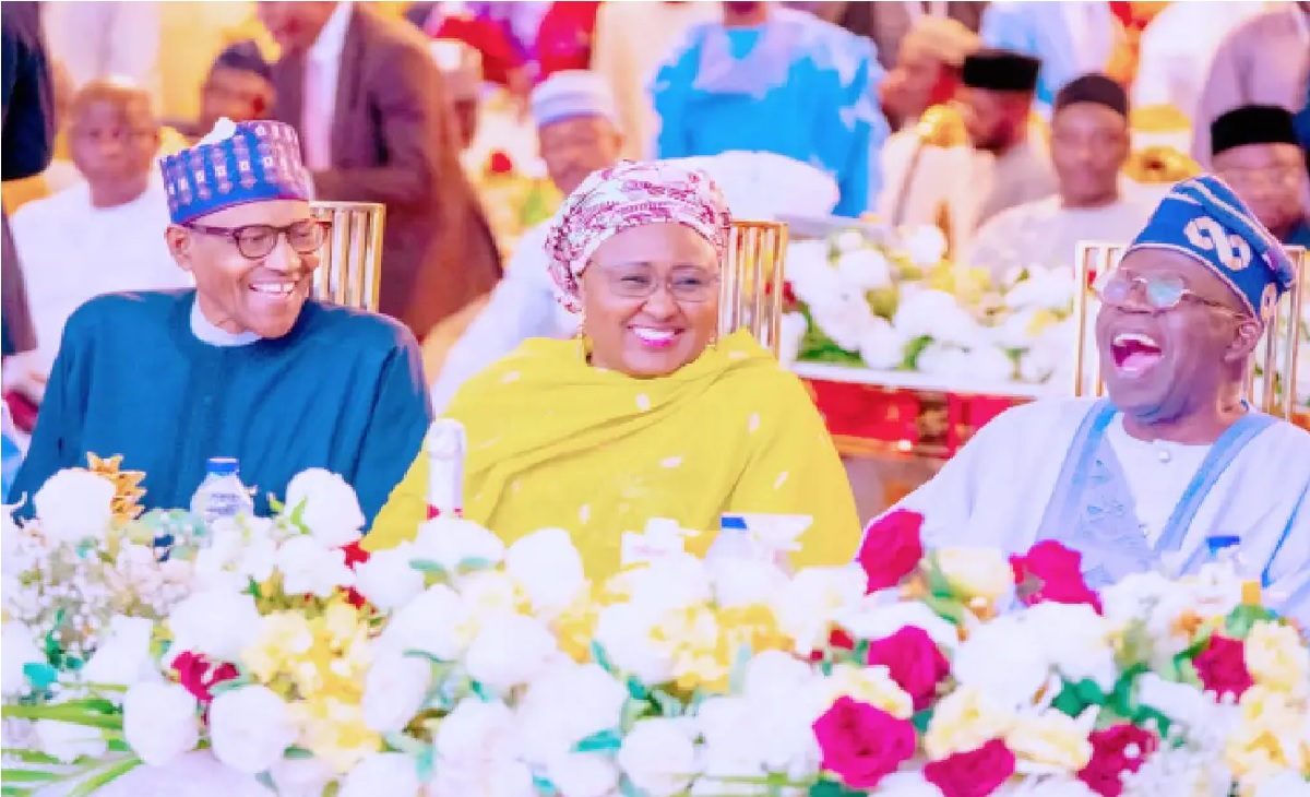 From left: Outgoing President, Muhammadu Buhari; his wife, Aisha and incoming President, Bola Ahmed Tinubu, during the presidential inauguration dinner at the State House, Abuja last night
